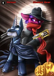 Size: 1237x1750 | Tagged: safe, artist:jamescorck, derpibooru import, oc, oc:mezair, oc:shadow gear, unofficial characters only, pony, batman, dc comics, halloween, hat, holiday, image, jack-o-lantern, png, pumpkin, the shadow (street & smith), weapon