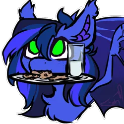 Size: 768x768 | Tagged: safe, artist:fluffyghost, derpibooru import, oc, oc:guard cobalt flash, unofficial characters only, bat pony, bat pony oc, bat wings, bust, chest fluff, cookie, cute, food, freckles, image, milk, offering, png, wings