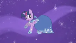 Size: 1280x720 | Tagged: safe, derpibooru import, edit, edited screencap, screencap, twilight sparkle, twilight sparkle (alicorn), alicorn, pony, suited for success, blue dress, clothes, dress, gala dress, image, open mouth, open smile, png, raised hoof, shoes, smiling, sparkly background, starry background, starry dress, stars