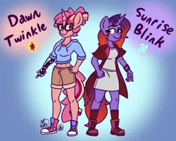 Size: 1500x1200 | Tagged: safe, artist:erynerikard, derpibooru import, oc, oc:dawn twinkle, oc:sunrise blink, unofficial characters only, anthro, plantigrade anthro, unicorn, amputee, boots, clothes, converse, digital art, dress, female, glasses, gradient mane, hoodie, image, jacket, png, prosthetic arm, prosthetic limb, prosthetics, shoes, shorts, siblings, sisters