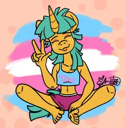 Size: 1076x1096 | Tagged: safe, artist:erynerikard, derpibooru import, snails, anthro, unicorn, barefoot, clothes, digital art, feet, female, freckles, image, looking at you, midriff, mouthpiece, peace sign, png, politics, pride, pride flag, short shirt, sitting, skirt, smiling, smiling at you, solo, trans female, transgender, transgender pride flag, vibing