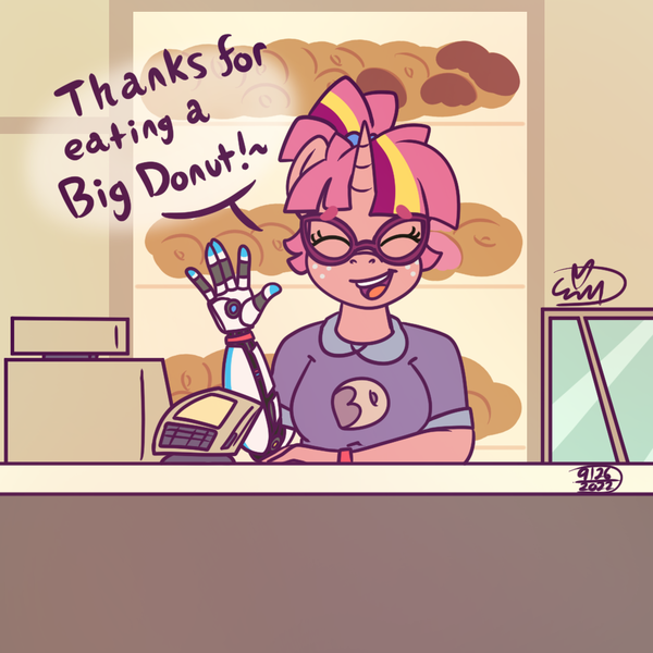 Size: 1000x1000 | Tagged: safe, artist:erynerikard, derpibooru import, oc, oc:dawn twinkle, unofficial characters only, anthro, unicorn, amputee, cash register, digital art, donut, female, food, freckles, glasses, image, png, prosthetic arm, prosthetic limb, prosthetics, solo, solo female, steven universe, talking to viewer, waving, waving at you