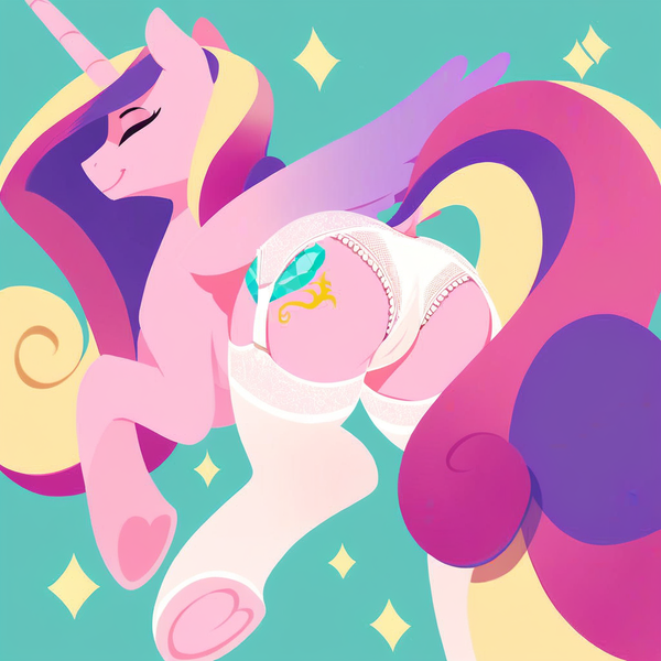 Size: 1024x1024 | Tagged: questionable, ai content, derpibooru import, machine learning generated, prompter:witecek, stable diffusion, princess cadance, alicorn, pony, butt, cameltoe, clothes, cutie mark, eyes closed, female, frilly underwear, g4, garter belt, generator:pony diffusion v6 xl, high res, image, lineless, lingerie, lovebutt, mare, milf, minimalist, modern art, mother, panties, plot, png, sexy, simple background, smiling, socks, solo, solo female, stockings, stupid sexy princess cadance, thigh highs, underhoof, underwear, white underwear, wings