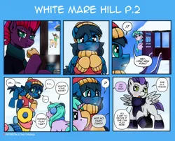 Size: 3508x2834 | Tagged: safe, artist:dsana, derpibooru import, fizzlepop berrytwist, tempest shadow, oc, oc:blue candy, oc:bolt thudercloud, oc:lullaby dusk, oc:minty mint, deer, earth pony, pegasus, pony, unicorn, comic:a storm's lullaby, adopted, adopted daughter, clothes, colt, earmuffs, female, filly, foal, image, male, png, shawl, slide, snow
