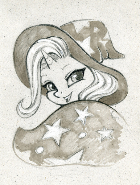 Size: 757x1000 | Tagged: safe, artist:maytee, derpibooru import, trixie, pony, unicorn, bust, cape, clothes, hat, image, jpeg, monochrome, portrait, smiling, solo, traditional art, trixie's cape, trixie's hat