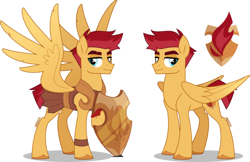 Size: 4000x2586 | Tagged: safe, artist:orin331, derpibooru import, flash magnus, pegasus, pony, armor, eyebrows, g4, image, implied opaline arcana, large wings, netitus, png, raised hoof, redesign, shield, simple background, tall, transparent background, wings