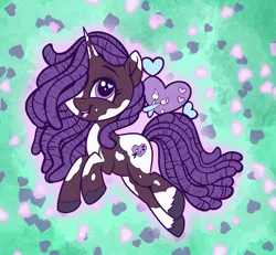 Size: 2048x1894 | Tagged: safe, artist:sophillia, derpibooru import, idw, violette rainbow, pony, unicorn, g5, spoiler:comic, spoiler:g5comic14, cutie mark, dreadlocks, female, filly, foal, hair over one eye, heart, heart background, heart eyes, horn, image, jpeg, looking at you, open mouth, open smile, smiling, solo, tail, unshorn fetlocks, vitiligo, wingding eyes