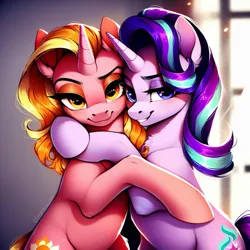 Size: 1024x1024 | Tagged: safe, ai content, derpibooru import, machine learning generated, luster dawn, starlight glimmer, pony, unicorn, female, image, mother and child, mother and daughter, png