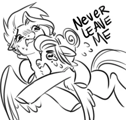 Size: 2439x2308 | Tagged: safe, artist:opalacorn, derpibooru import, oc, oc:nik, oc:void, unofficial characters only, pegasus, pony, black and white, crying, duo, female, floppy ears, grayscale, hug, image, jpeg, mare, monochrome, nervous sweat, simple background, sketch, tackle hug, white background