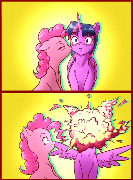 Size: 950x1280 | Tagged: safe, artist:n0thingbutath0ught, derpibooru import, pinkie pie, twilight sparkle, alicorn, earth pony, pony, 2 panel comic, comic, decapitation, exploding head, explosion, female, image, kiss on the cheek, kissing, lesbian, png, shipping, smooch, twinkie