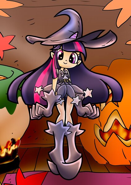 Size: 1448x2048 | Tagged: safe, artist:rainbowdashsuki, derpibooru import, twilight sparkle, human, boots, clothes, evening gloves, female, fire, gloves, halloween, hat, holiday, horn, humanized, image, jack-o-lantern, jpeg, long gloves, looking at you, pot, pumpkin, shoes, skirt, solo, witch, witch hat, woman