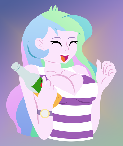 Size: 4984x5912 | Tagged: safe, artist:egor418, derpibooru import, princess celestia, human, equestria girls, absurd resolution, big breasts, bottle, breasts, busty princess celestia, cider, cleavage, clothes, eyes closed, female, g4, gradient background, happy, humanized, image, lineless, open mouth, open smile, png, principal celestia, shirt, smiling, solo, watch