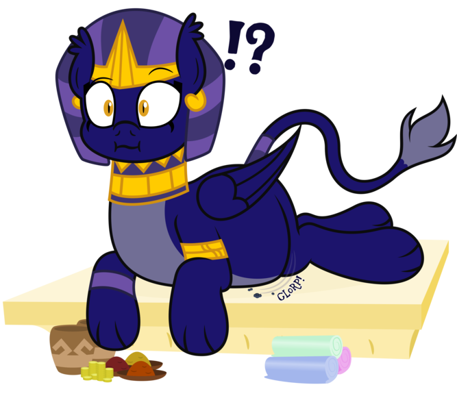 Size: 3000x2700 | Tagged: suggestive, artist:worstsousaphonehorse, derpibooru import, snails, sphinx (character), sphinx, :i, blueberry, blueberry inflation, exclamation point, fabric, female, food, image, inflation, interrobang, jewelry, lying down, png, pottery, question mark, rule 63, simple background, solo, solo female, spice, transparent background, vector, wide eyes