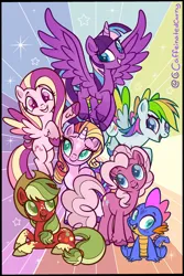 Size: 1210x1807 | Tagged: safe, artist:caffeinatedcarny, derpibooru import, applejack (g3), fluttershy (g3), master kenbroath gilspotten heathspike, pinkie pie (g3), rainbow dash (g3), rarity (g3), twilight twinkle, alicorn, dragon, earth pony, pegasus, pony, unicorn, g3, cloven hooves, coat markings, colored hooves, colored pupils, colored wings, coloring page, dappled, facial markings, feathered fetlocks, freckles, g3 to g4, g4, generation leap, gradient hooves, group photo, image, leg freckles, looking at you, markings, open mouth, open smile, png, rainbow, redesign, simple background, smiling, socks (coat marking), star (coat marking), unshorn fetlocks, wings