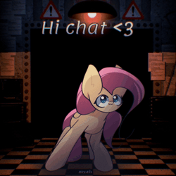 Size: 1000x1000 | Tagged: safe, artist:miryelis, derpibooru import, fluttershy, pegasus, pony, animated, big ears, dancing, female, five nights at freddy's, gif, heart, image, looking at you, mare, signature, smiling, solo, text