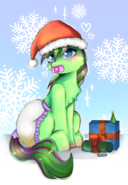 Size: 1640x2360 | Tagged: questionable, artist:vaiola, derpibooru import, oc, oc:wubwubpwny, unofficial characters only, pony, unicorn, adult diaper, ambiguous gender, big eyes, blushing, chest fluff, christmas, cold, commission, cute, diaper, diaper fetish, diaper usage, diapered, embarrassed, fetish, full body, gift wrapped, happy, hat, holiday, horn, image, looking at you, non-baby in diaper, pacifier, peeing in diaper, pissing, png, poofy diaper, present, santa hat, simple background, snow, snowflake, solo, tail, tail hole, urine, wet diaper, wetting, wetting diaper, winter, ych result
