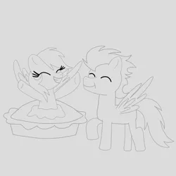 Size: 1400x1400 | Tagged: safe, artist:mrsdashskies, derpibooru import, rainbow dash, soarin', pegasus, pony, apple, apple pie, eyes closed, female, food, image, male, mare, pie, png, shipping, sketch, smiling, soarindash, stallion, straight