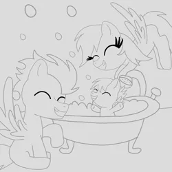 Size: 1400x1400 | Tagged: safe, artist:mrsdashskies, derpibooru import, rainbow dash, soarin', oc, oc:rainbow blitz, pegasus, pony, baby, baby pony, bath, colt, eyes closed, female, flying, foal, image, male, mare, offspring, parent:rainbow dash, parent:soarin', parents:soarindash, png, shipping, sketch, smiling, soarindash, stallion, straight