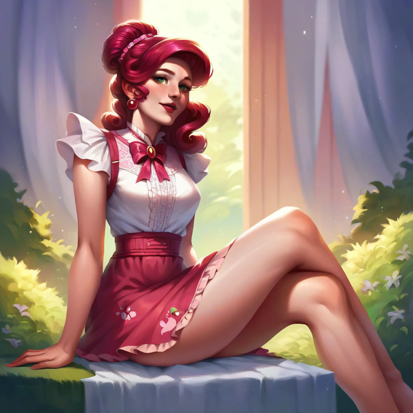 Size: 4096x4096 | Tagged: safe, ai content, anonymous prompter, derpibooru import, machine learning generated, stable diffusion, cherry jubilee, human, bow, clothes, crossed legs, ear piercing, earring, female, g4, generator:pony diffusion v6 xl, generator:purplesmart.ai, humanized, image, jewelry, legs, looking at you, piercing, png, shirt, sitting, skirt, solo, upscaled