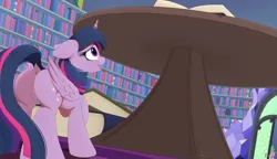 Size: 3000x1733 | Tagged: safe, artist:arcane-thunder, derpibooru import, spike, twilight sparkle, alicorn, dragon, pony, book, butt, dock, embarrassed, female, g4, image, library, male, mare, micro, plot, png, tail, twilight's castle, twilight's castle library