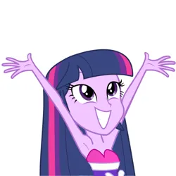 Size: 500x500 | Tagged: safe, anonymous artist, derpibooru import, edit, edited screencap, screencap, twilight sparkle, human, equestria girls, armpits, arms in the air, beautiful, beautiful eyes, beautiful hair, beautisexy, big grin, big smile, clothes, cute, dress, excited, excitement, g4, grin, happy, image, png, pretty, sexy, simple background, sleeveless, sleeveless dress, smiling, strapless, strapless dress, white background