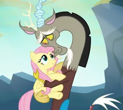 Size: 827x741 | Tagged: safe, derpibooru import, screencap, discord, fluttershy, draconequus, pegasus, pony, to where and back again, best friend, best friends, cropped, duo, duo male and female, female, friend, friends, happy, holding a pony, hug, image, male, mare, png, shipping fuel, smiling