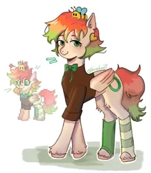 Size: 1116x1280 | Tagged: safe, artist:krookodill, derpibooru import, oc, oc:chise, unofficial characters only, bee, insect, pegasus, pony, pony town, bow, clothes, food, green eyes, image, png, short hair, simple background, socks, solo, standing, strawberry, white background, wings