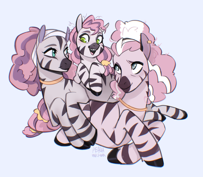 Size: 2409x2099 | Tagged: safe, artist:peachmichea, derpibooru import, pony, zebra, g5, blushing, braces, commission, cuddle puddle, cuddling, ear piercing, earring, female, filly, foal, grandmother and grandchild, grandmother and granddaughter, image, jewelry, looking at each other, looking at someone, lying down, mare, mariama, mariama's mother, mother and child, mother and daughter, neck rings, open mouth, open smile, piercing, png, pony pile, prone, side, signature, simple background, skye, smiling, tail, trio, trio female