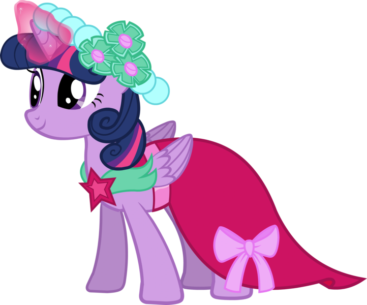 Size: 2839x2359 | Tagged: safe, derpibooru import, edit, vector edit, twilight sparkle, twilight sparkle (alicorn), alicorn, pony, a canterlot wedding, bridesmaid, bridesmaid dress, castle creator, clothes, dress, folded wings, g4, glowing horn, horn, image, png, simple background, smiling, solo, transparent background, vector, wings