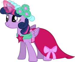Size: 2839x2359 | Tagged: safe, derpibooru import, edit, vector edit, twilight sparkle, twilight sparkle (alicorn), alicorn, pony, a canterlot wedding, bridesmaid, bridesmaid dress, castle creator, clothes, dress, folded wings, g4, glowing horn, horn, image, png, simple background, smiling, solo, transparent background, vector, wings