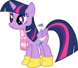 Size: 2862x2504 | Tagged: safe, derpibooru import, edit, vector edit, twilight sparkle, twilight sparkle (alicorn), alicorn, pony, season 1, winter wrap up, boots, castle creator, clothes, folded wings, g4, image, png, saddle, shoes, simple background, smiling, solo, tack, transparent background, vector, wings, winter boots, winter outfit, winter scarf
