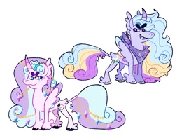 Size: 2048x1587 | Tagged: safe, artist:goatpaste, derpibooru import, oc, oc:moonbloom bloom, oc:sweet dreams, unofficial characters only, alicorn, pony, alicorn oc, duo, horn, image, long description, magical lesbian spawn, offspring, parent:princess cadance, parent:trixie, parents:tridance, png, simple background, white background, wings