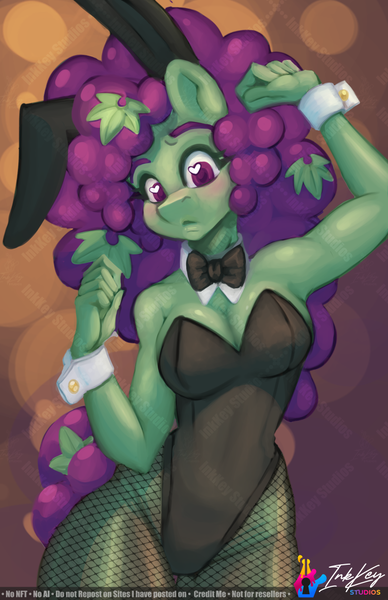 Size: 792x1224 | Tagged: suggestive, artist:inkkeystudios, derpibooru import, oc, oc:zinfandel, anthro, earth pony, bunny ears, bunny suit, clothes, fishnets, image, png, solo