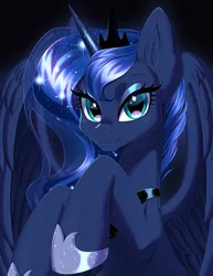 Size: 2700x3500 | Tagged: safe, artist:e-boi, derpibooru import, princess luna, alicorn, pony, blue eyes, blue mane, blushing, crown, cute, digital art, ethereal mane, eyelashes, eyeshadow, feather, female, flowing mane, g4, glow, glowing horn, gray background, high res, hoof shoes, horn, image, jewelry, lidded eyes, looking at you, makeup, mare, peytral, png, raised hoof, raised hooves, regalia, simple background, smiling, smiling at you, solo, sparkles, spread wings, starry mane, stars, wings