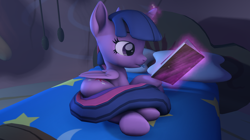 Size: 3840x2160 | Tagged: questionable, alternate version, artist:~stuffguy123, derpibooru import, trixie, twilight sparkle, twilight sparkle (alicorn), alicorn, pony, 3d, bed, bedroom, book, fetish, g4, golden oaks library, image, library, lying down, moonlight, night, png, reading, side, solo, source filmmaker, vore