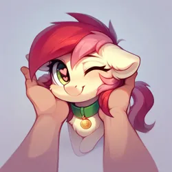 Size: 1024x1024 | Tagged: safe, ai content, derpibooru import, machine learning generated, prompter:doom9454, stable diffusion, roseluck, human, pony, behaving like a cat, collar, cute, floppy ears, fluffy, generator:purplesmart.ai, hand, heart, heart eyes, image, offscreen character, offscreen human, one eye closed, pet collar, pet tag, petting, png, pony pet, pov, rosepet, solo focus, wingding eyes