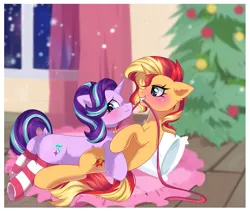 Size: 1875x1584 | Tagged: suggestive, artist:freyamilk, derpibooru import, starlight glimmer, sunset shimmer, pony, unicorn, blushing, butt, christmas, christmas lights, christmas tree, clothes, collar, commission, curtains, domset, duo, female, femdom, femsub, flustered, g4, glimmer glutes, grin, holiday, image, leash, lesbian, lying down, mare, mouth hold, night, pet play, pillow, plot, png, prone, ship:shimmerglimmer, shipping, smiling, snow, socks, striped socks, sublight glimmer, submissive, tree, window, ych result