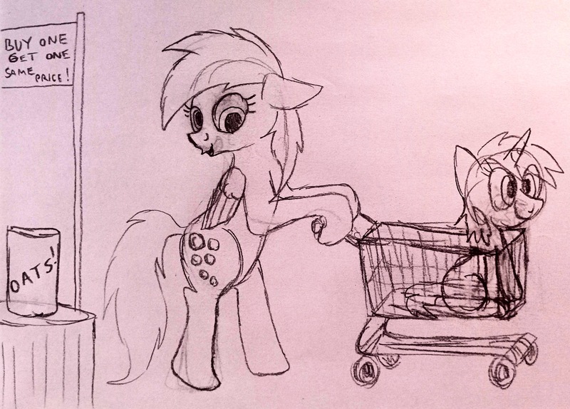 Size: 3660x2627 | Tagged: safe, artist:dhm, derpibooru import, derpy hooves, dinky hooves, pegasus, pony, drawthread, food, g4, image, jpeg, monochrome, oats, sale, shopping, shopping cart, sketch, traditional art, transformers, unicron