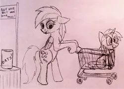Size: 3660x2627 | Tagged: safe, artist:dhm, derpibooru import, derpy hooves, dinky hooves, pegasus, pony, drawthread, food, g4, image, jpeg, monochrome, oats, sale, shopping, shopping cart, sketch, traditional art, transformers, unicron