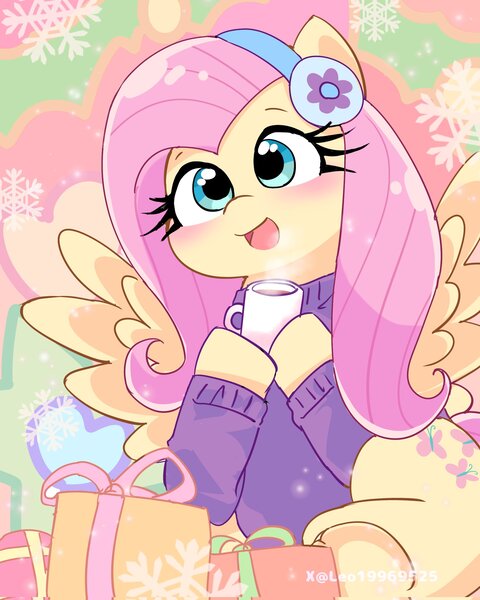 Size: 1638x2048 | Tagged: safe, artist:leo19969525, derpibooru import, fluttershy, pegasus, pony, abstract background, blushing, christmas, clothes, cute, earmuffs, eyelashes, female, g4, heart, holiday, hoof hold, image, jpeg, mare, mug, open mouth, present, shyabetes, smiling, snow, snowflake, solo, spread wings, steam, sweater, sweatershy, wings