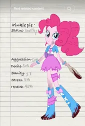 Size: 429x630 | Tagged: grimdark, artist:makikofox3535, derpibooru import, pinkie pie, human, equestria girls, blood, club (weapon), female, g4, image, jpeg, solo