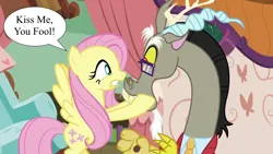 Size: 1280x720 | Tagged: safe, derpibooru import, edit, edited screencap, screencap, discord, fluttershy, discordant harmony, discoshy, female, glasses, hooves on face, image, kiss me you fool, male, png, shipping, speech bubble, straight