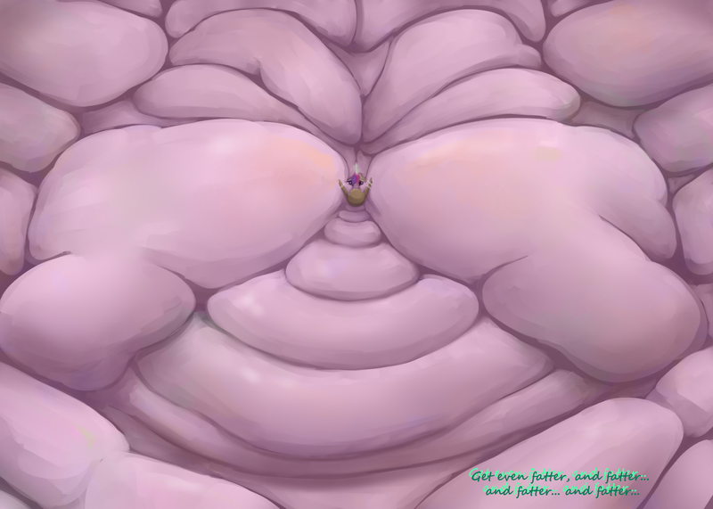 Size: 3500x2500 | Tagged: questionable, semi-grimdark, artist:lupin quill, derpibooru import, princess cadance, pony, fanfic:feedbag, back roll, bag, blob, blobface, chubby cheeks, dialogue, eating, fanfic art, fat, feed bag, female, force feeding, g4, image, immobile, implied chrysalis, impossibly large everything, impossibly obese, lineless, magic suppression, morbidly obese, multichin, obese, offscreen character, png, princess decadence, rolls of fat, solo, solo female, tape, weight gain