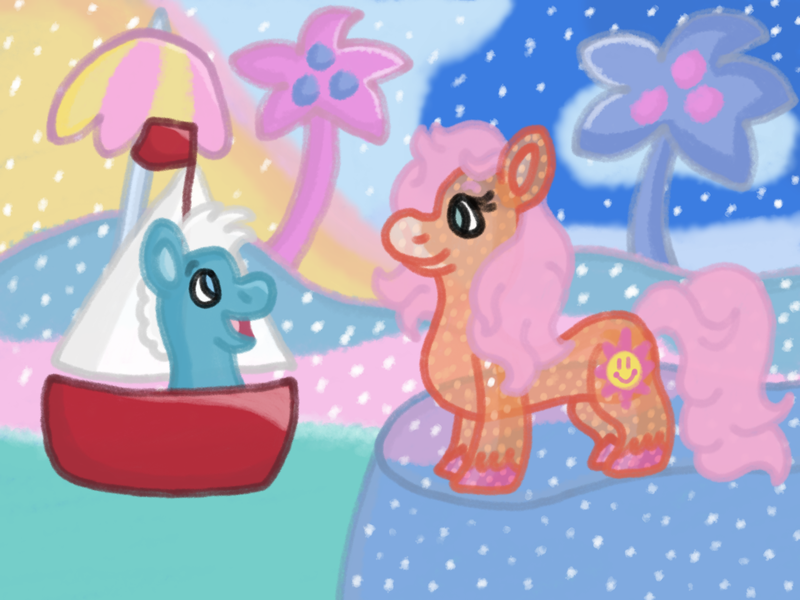 Size: 1600x1200 | Tagged: safe, artist:mintwhistle, derpibooru import, sunspot, earth pony, pony, g1, adventure, baby, baby pony, beach umbrella, boat, clipper (g1), cloud, coat markings, coconut, colored hooves, colt, duo, duo male and female, female, foal, food, glittery, image, island, looking at each other, looking at someone, male, mare, medibang paint, meeting, no pupils, open mouth, open smile, palm tree, png, sailboat, smiling, sparkle ponies, sparkly, starry sky, stars, translucent, tree, umbrella, unshorn fetlocks