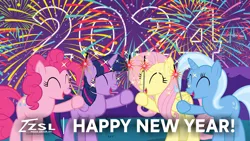 Size: 3840x2160 | Tagged: safe, artist:zslnews, derpibooru import, fluttershy, pinkie pie, trixie, twilight sparkle, twilight sparkle (alicorn), alicorn, earth pony, pegasus, pony, unicorn, 2024, eyes closed, female, g4, happy new year, happy new year 2024, holiday, image, jpeg