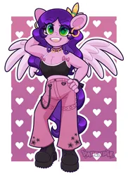 Size: 2898x3972 | Tagged: safe, alternate version, artist:partypievt, derpibooru import, pipp petals, anthro, pegasus, g5, boots, bow, breasts, chains, choker, clothes, ear piercing, earring, eyebrows, eyebrows visible through hair, high res, image, jewelry, looking at you, outfit, piercing, png, pose, shoes, short shirt, simple background, smiling, smiling at you, solo, tiara, watermark