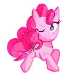 Size: 484x522 | Tagged: safe, artist:kaji-tanii, derpibooru import, pinkie pie, earth pony, pony, blush lines, blushing, female, image, looking at you, mare, one eye closed, png, simple background, smiling, solo, sparkly mane, transparent background, wink, winking at you