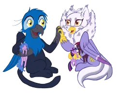 Size: 4026x3142 | Tagged: safe, artist:megaanimationfan, artist:mjangelvortex, derpibooru import, fizzlepop berrytwist, izzy moonbow, tempest shadow, twilight sparkle, oc, oc:gerald, oc:gerbera, classical hippogriff, gryphon, hippogriff, unicorn, derpibooru community collaboration, g5, 2024 community collab, derpibooru exclusive, digital art, folded wings, g4, holding hands, image, plushie, png, simple background, sitting, toy, transparent background, wings