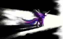 Size: 2963x1852 | Tagged: safe, artist:cyberpixel44, derpibooru import, twilight sparkle, twilight sparkle (alicorn), alicorn, pony, abstract, ethereal mane, ethereal tail, female, flowing hair, flowing mane, flowing tail, glow, glowing eyes, horn, image, immortality, long horn, mare, missing cutie mark, monochrome background, png, spread wings, tail, wings
