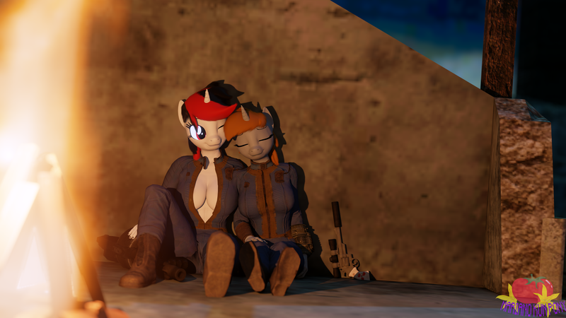 Size: 3840x2160 | Tagged: suggestive, artist:marianokun, derpibooru import, oc, oc:blackjack, oc:littlepip, anthro, fallout equestria, fallout equestria: project horizons, 3d, blender, blender eevee, clothes, fanfic art, fire, gun, handgun, image, jumpsuit, little macintosh, png, revolver, sleeping, vault suit, weapon